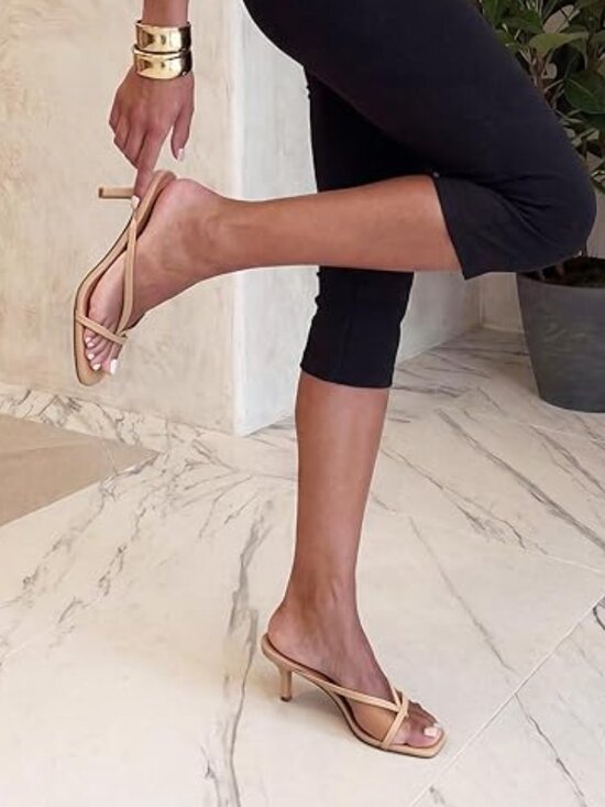 branded Shoes - Kitten Heels for Women Flip Flops Slip on Low Heels Open Square Toe Thong Heeled